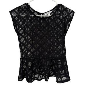 Sally Miller Peplum Top Blouse Womens L Black Semi Sheer Out Goth Boho‎ Coquette